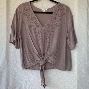 Mauve/Purple embroidered tie blouse by Eyeshadow